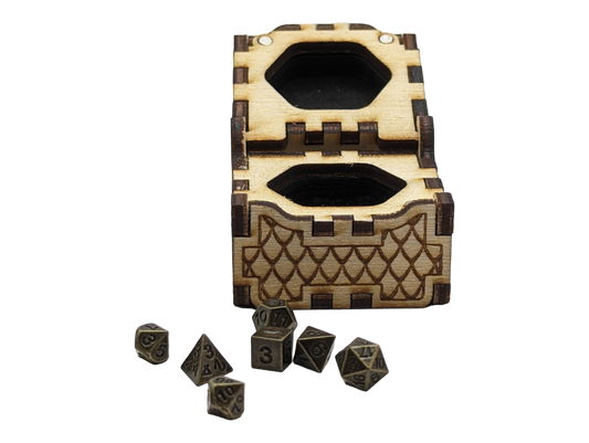 Tiny metal dice in tiny wooden box