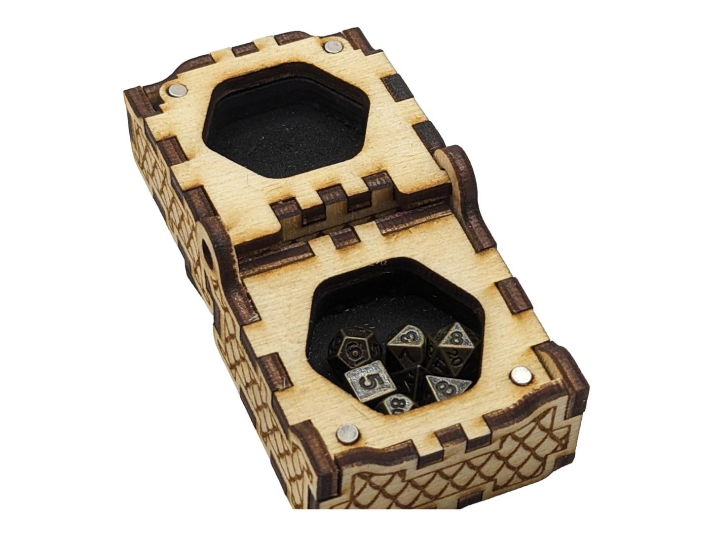 Tiny metal dice in tiny wooden box