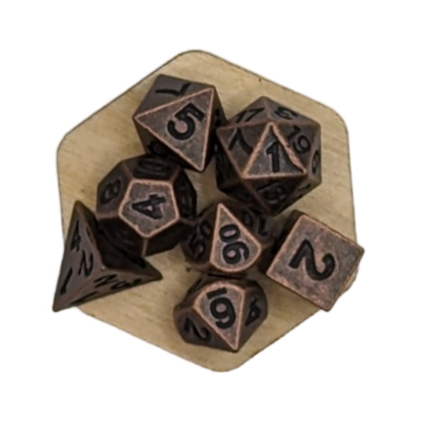 Tiny metal dice in tiny wooden box